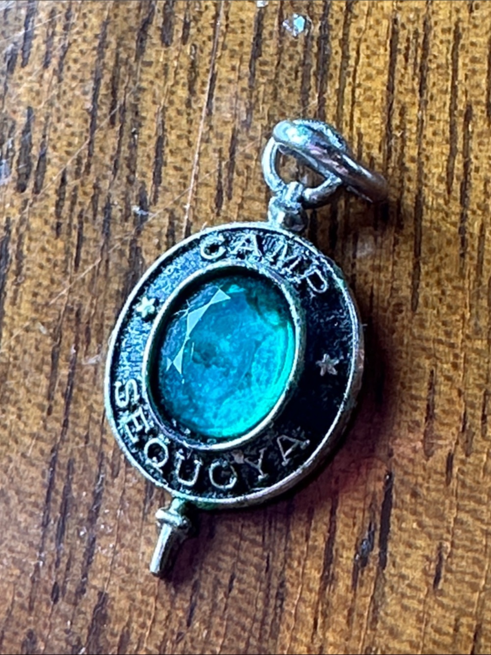 Vtg 50s/60s Silver Tone Camp Sequoya Souvenir Charm with Emerald Green Stone